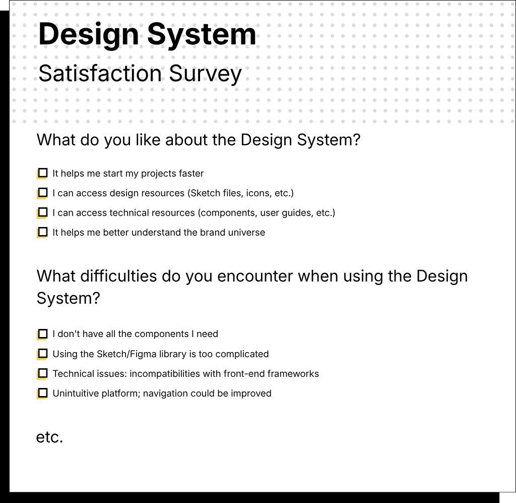 A screenshot of a sample Design System Satisfaction Survey showing multiple-choice questions about what users like and what difficulties they encounter.