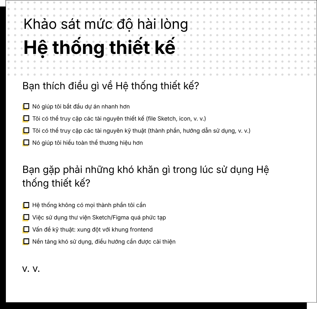 Ảnh chụp màn hình của mẫu Khảo sát mức độ hài lòng Hệ thống thiết kế, hiển thị các câu hỏi trắc nghiệm về những điều người dùng thích và những khó khăn họ gặp phải khi sử dụng hệ thống.